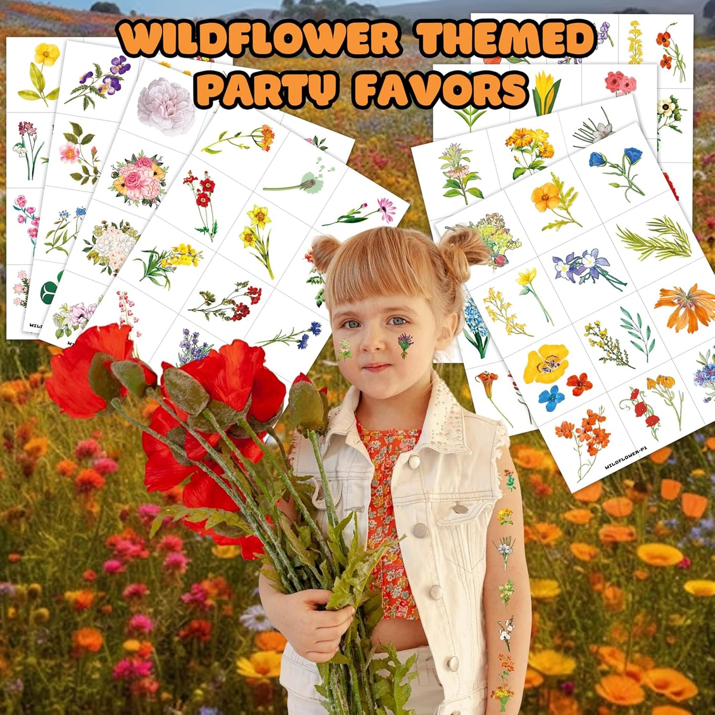 96 PCS Small Wildflower Floral Pre–Cut Temporary Tattoos Birthday Party Decorations Supplies Favors Spring Flower Bouquets Decor Stickers Gifts Boys Girls Classroom School Prizes Reward (Normal)