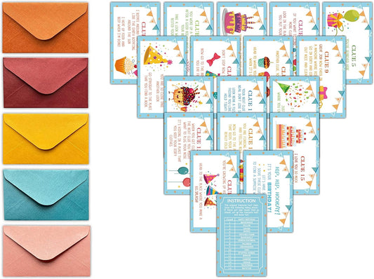 Birthday Treasure Hunt Clues Game Cards, Scavenger Hunt Card Game (18 Cards with Colorful Envelopes), Indoor Birthday Party Games Supplies Activities (A01)