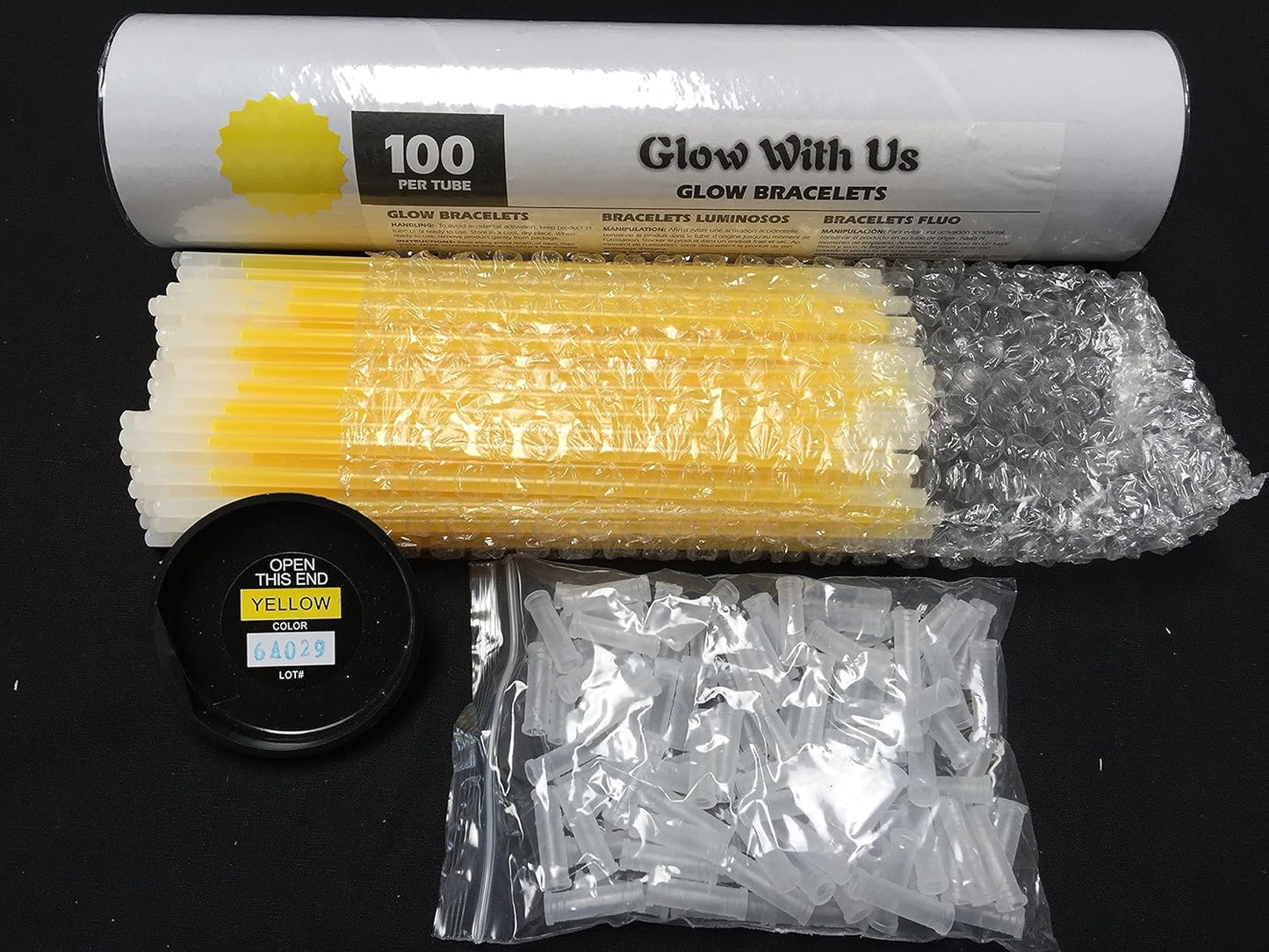 Glow Sticks Bracelets Bulk Wholesale, 100 8” Yellow Glow Bracelets, Bright Color, Glow 8-12 Hrs, 100 Connectors Included, Glow Party Favor Supplies, Sturdy Packaging, Great Fun.