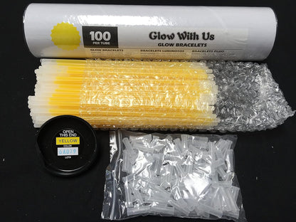 Glow Sticks Bracelets Bulk Wholesale, 100 8” Yellow Glow Bracelets, Bright Color, Glow 8-12 Hrs, 100 Connectors Included, Glow Party Favor Supplies, Sturdy Packaging, Great Fun.