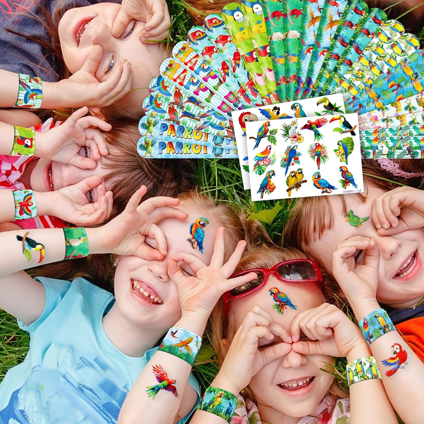 Cherisnowy 48PCS Parrot Party Set - 24PCS Temporary Tattoos & 24PCS Slap Bracelets - Tropical Birthday Supplies, Baby Shower Gifts, Classroom Rewards & Party Decor for Kids (Boys & Girls)