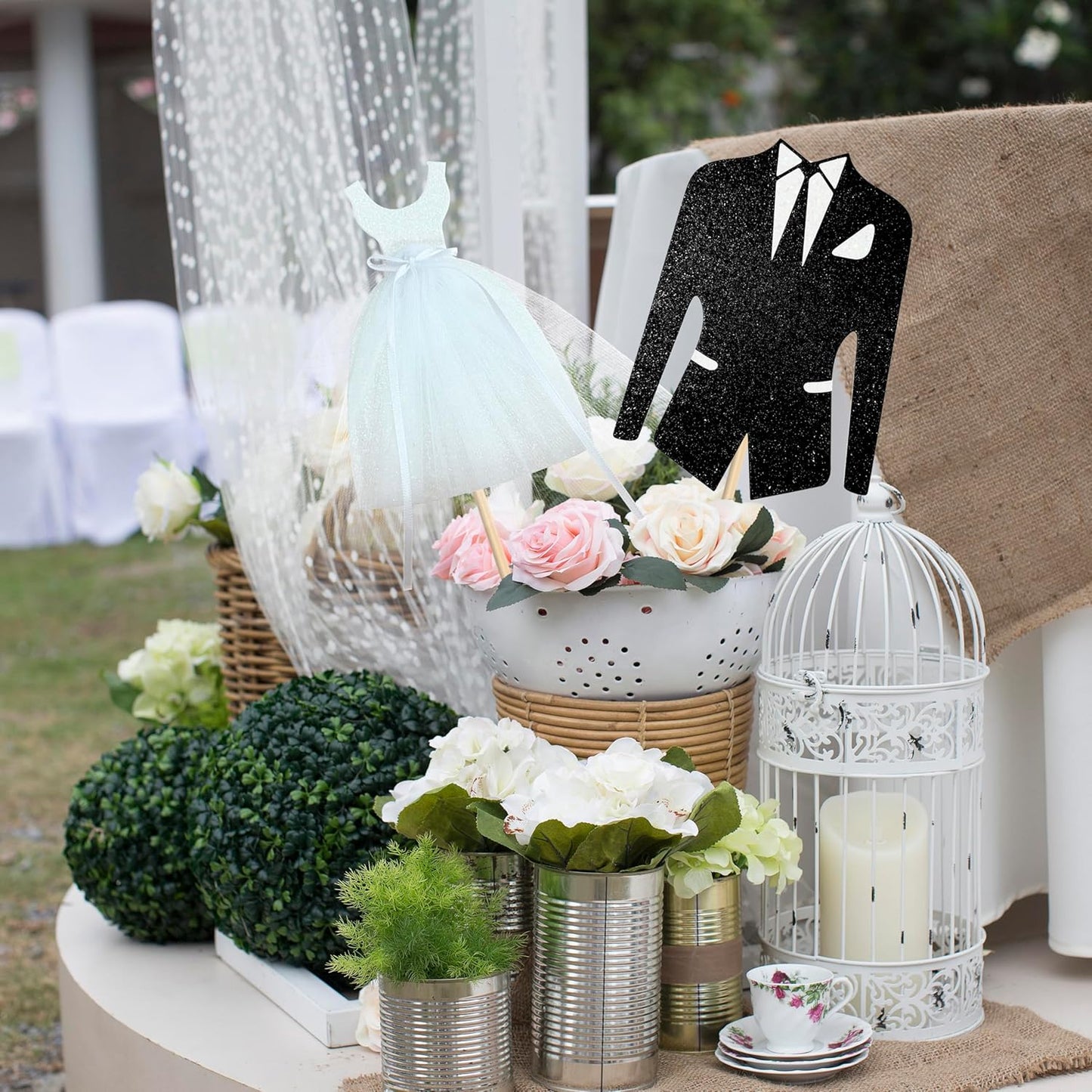 8pcs Bridal Shower Centerpiece Sticks Glitter Wedding Party Centerpiece Decorations for Bride and Groom White Tulle Dress Black Tuxedo Dress Theme Party Table Toppers for Bridal Shower Supplies