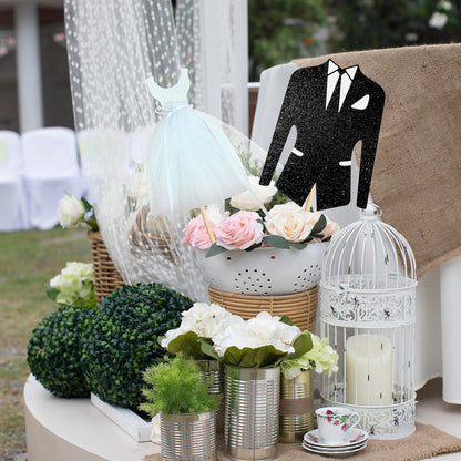 8pcs Bridal Shower Centerpiece Sticks Glitter Wedding Party Centerpiece Decorations for Bride and Groom White Tulle Dress Black Tuxedo Dress Theme Party Table Toppers for Bridal Shower Supplies