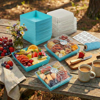Leafiew 50 Pack Small Charcuterie Boxes with Clear Lids - To Go Paper Mini Charcuterie Box, Disposable Food Containers, 5Inch Dessert Boxes - Sandwich, Cookie, Sushi, Cake Slice, Strawberries (Brown)