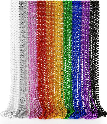 EOBOH 144PCS Mardi Gras Beads, Metallic 12 Kinds Bead Necklace Party Supplies, 33" Mardi Gras Necklace Costume Stuff, Festival Parade Throw Accessories for Wedding Birthday Celebrations Decorations