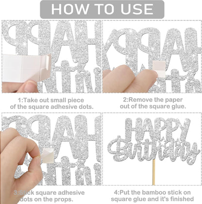 Glitter Silver Birthday Centerpiece Sticks 12PCS Happy Birthday Party Table Decorations Double Sided Birthday Party Centerpieces for Cheers to Birthday Anniversary Baby Shower Supplies