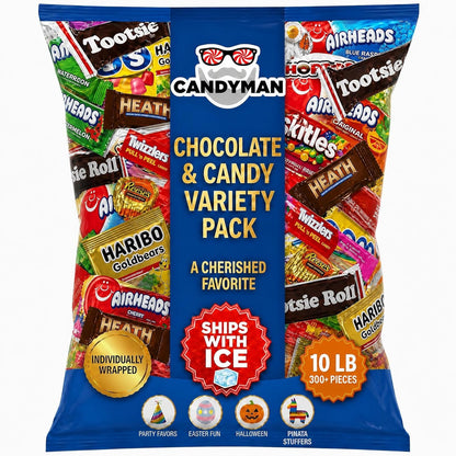 CANDYMAN (5 LB) Chocolate Candy Variety Pack — Individually Wrapped Bulk Candy Mix, Fun & Mini Size Treats for, Pinata Fillers for Kids, Party Favors, Father's Day, Ship with Ice