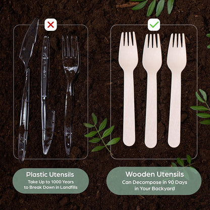 PURPLECLAY Wooden Disposable Utensils Set, 360 PCS Compostable Silverware (120 Forks, 120 Spoons, 120 Knives) Eco Friendly, Plastic-Free Cutlery for Parties & Catering, Alternative to Bamboo Utensils