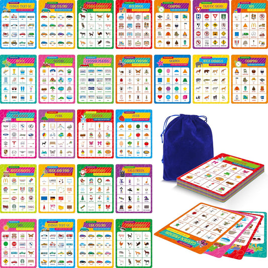Road Trip Bingo Game, 30 Double-Sided Game Boards (Animal, Holiday, Building, Vehicle Themes), Dry-Erase Scavenger Hunt Bingo Games for Road Trip, Car Travel, Outdoor Activities for Kid, Adult