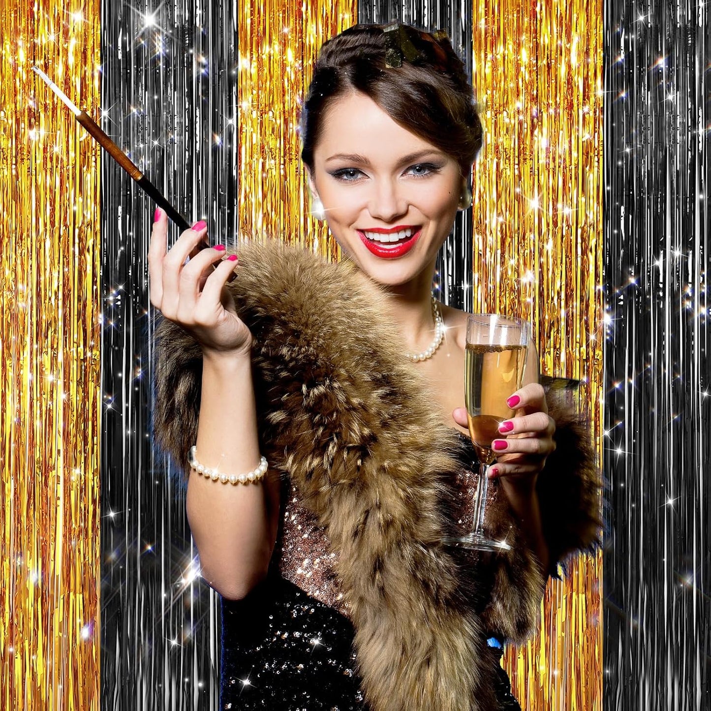 GCB 2Pack Black Metallic Tinsel Foil Fringe Curtains, Black Foil Curtain Backdrop, Photo Booth Props for Birthday Wedding Baby Shower Bachelorette Xmas Celebration Party Decorations Door Streamers