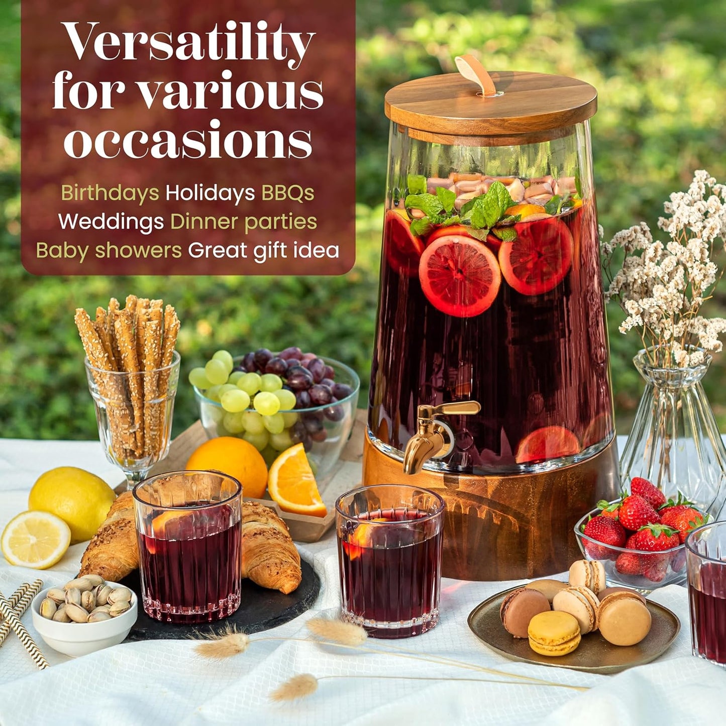 FOODLE Large Glass Drink Dispenser with Spigot - Glass Beverage Dispenser with Stand - Perfect for Parties & Weddings - Pitcher for Lemonade, Water, Sangria, Punch & Juice - Leakproof - 1.72 Gallon