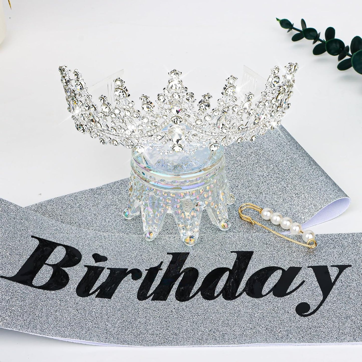 CURASA Birthday Tiara and Sash - Silver Birthday Crown for Women, Perfect for Parties and Celebrations