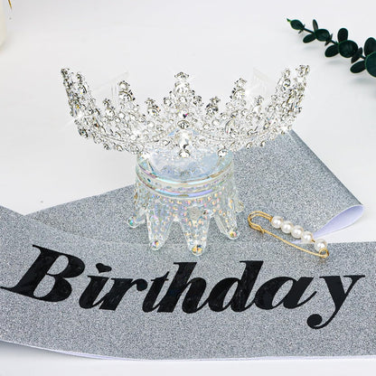 CURASA Birthday Tiara and Sash - Silver Birthday Crown for Women, Perfect for Parties and Celebrations