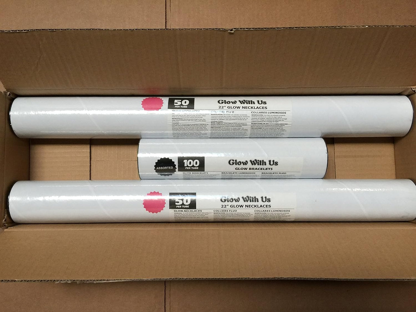 Glow Sticks Bulk Wholesale Necklaces, 100 22" Glow Necklaces, Glow 8-12 Hr, Connector Pre-attached (handy), Bright Colors, Glow-in-the-dark Party Supplies.