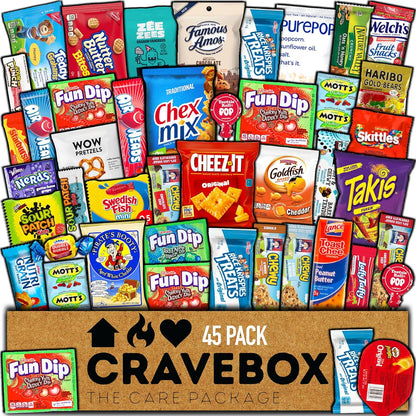 CRAVEBOX Snacks Box Variety Pack Care Package (45 Count) Treats Gift Basket Adults Kids Grandkids Guys Girls Women Men Boyfriend Birthday Cookies Chips College Student Office School Graduation