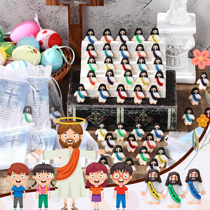 Bememo 150 Pcs Christian Gifts Bulk Bible Verse Cards Little Jesus Figures Prayer Cards Organza Bags for Easter Hunt Religious Party Favors Sunday Baptism, 50 Set(Classic Color,Open Hands)