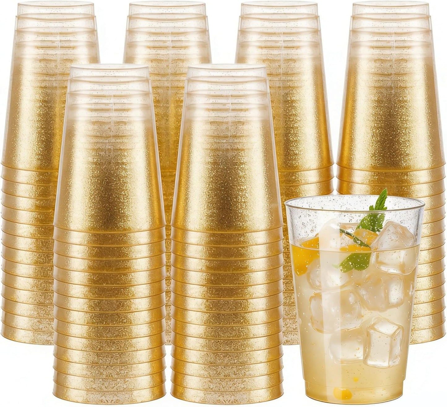 supernal 100pcs Gold Plastic Cups 12 oz, Glitter Clear Disposable Cups Heavy Duty, Fancy Plastic Cocktail Tumblers for Wedding, Parties Champagne & Mixed Drinks