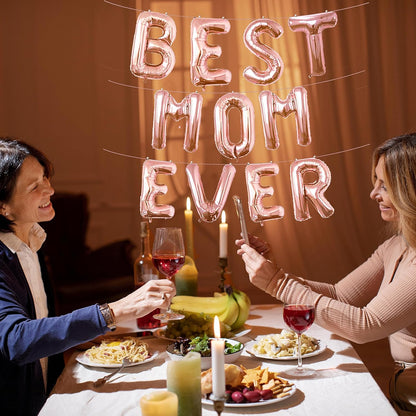 16 Inches Best Mom Ever Balloons Hanging Banner Decorations, Rose Gold Aluminum Foil Letter Balloons for Mother's Day Birthday Baby Shower Gender Reveal Party Supplies