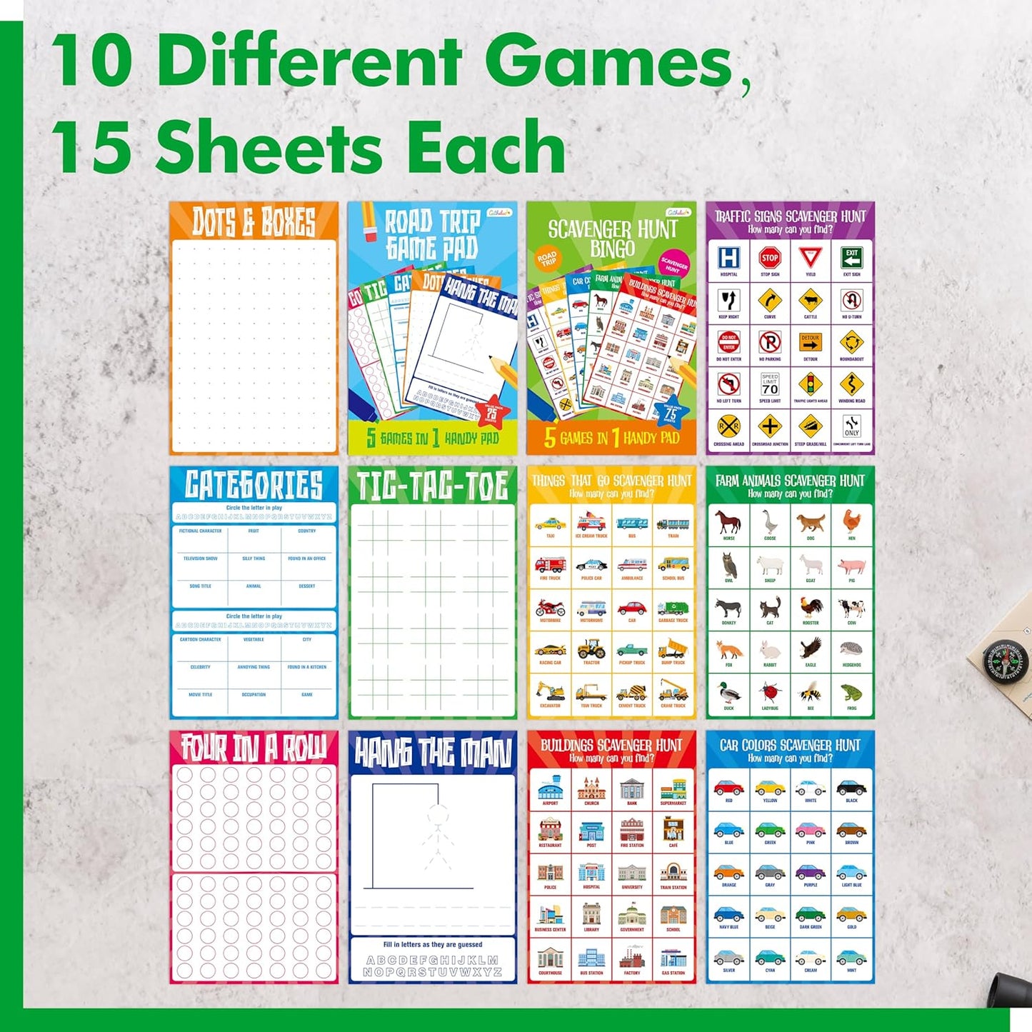 Road Trip Game Pad, 5 Games in 1 (Farm Animals, Car Colors, Buildings, Traffic Signs, Vehicles Scavenger Hunt Bingo), Pen Pencil Paper Game, Plane Trip/ Car Travel/Getaway Activity Pad for Kid, Adult