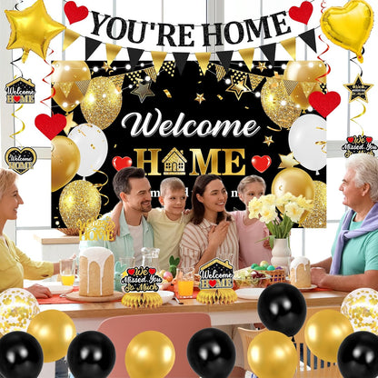 Holkcog Welcome Home Decoration, Black Gold Welcome Back Party Decorations, We Missed You So Much Banner Party, Glitter Home Party Sign Banner Ballons, Family Reunion Party Decora Supplies