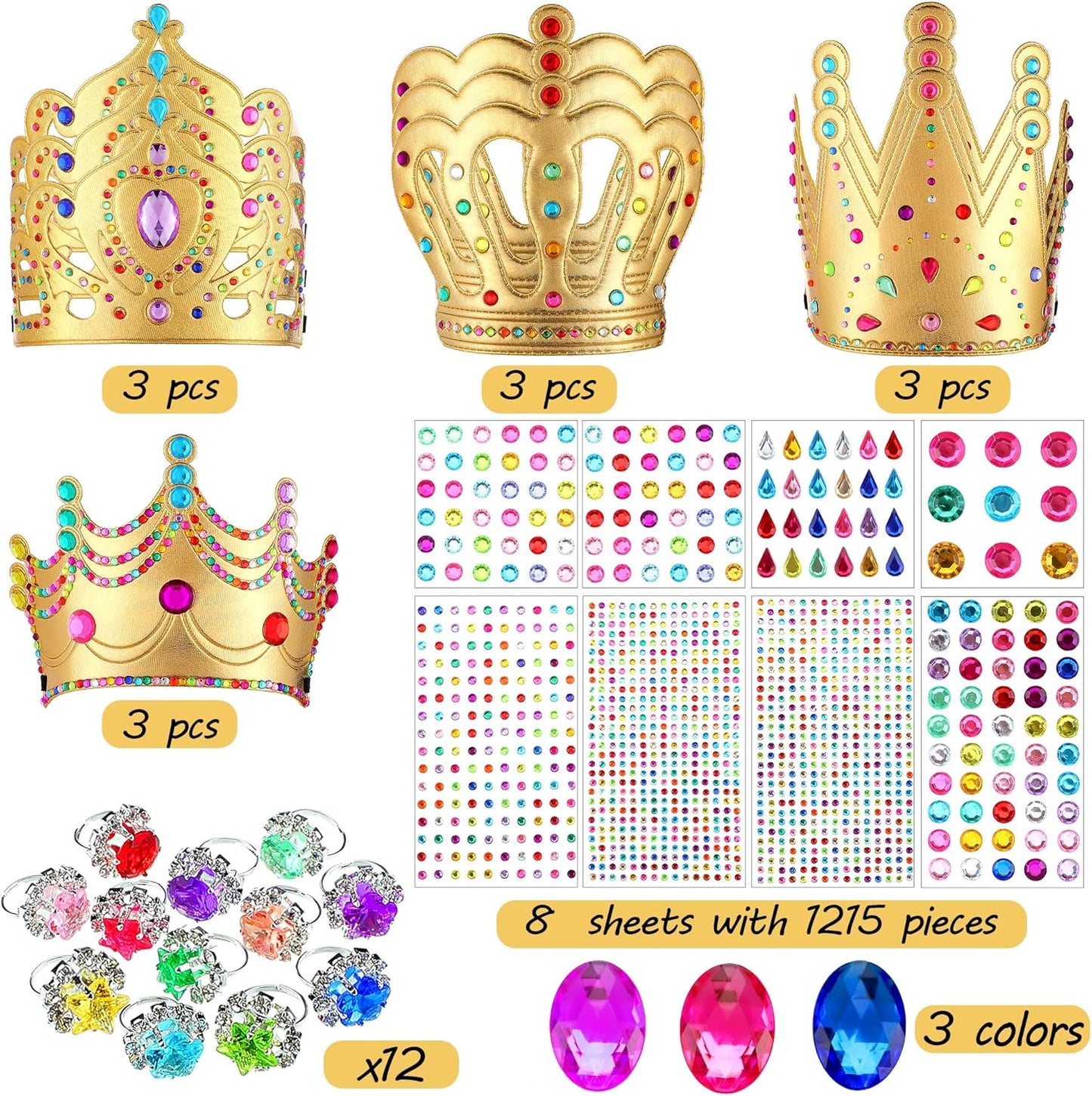 MTLEE 12 Pieces Foam Princess Tiaras Crown for Kids 928 Pieces Gem Stickers 12 Gem Rings Craft Making Kits Birthday Party Favors