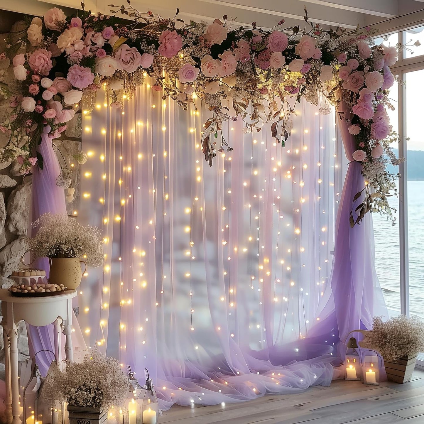 Fomcet Tulle Backdrop Curtains with Lights String White 10FT X 8FT Sheer Curtain with Lights Tulle Curtains Backdrop for Wedding Birthday Party Baby Shower Photo Shoot (2 Panels 5x8FT)