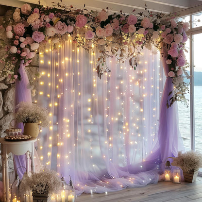 Fomcet Tulle Backdrop Curtains with Lights String White 10FT X 8FT Sheer Curtain with Lights Tulle Curtains Backdrop for Wedding Birthday Party Baby Shower Photo Shoot (2 Panels 5x8FT)