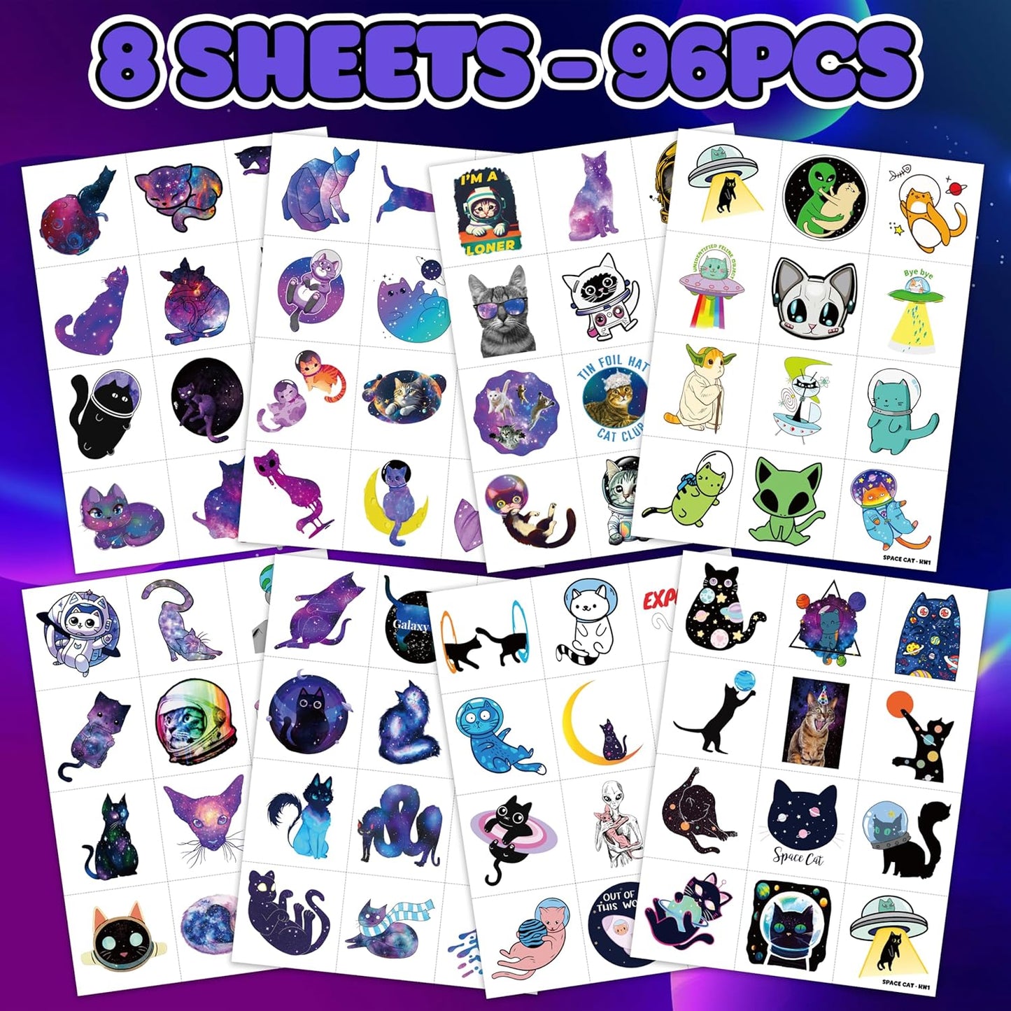 96 PCS Funny Space Cat Temporary Tattoos Themed Birthday Party Decorations Supplies Favors Decor Cute Galaxy Cats Astronaut Star Tattoo Stickers Gifts For Kids Girls Boys School Prizes Carnival