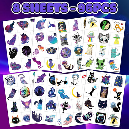 96 PCS Funny Space Cat Temporary Tattoos Themed Birthday Party Decorations Supplies Favors Decor Cute Galaxy Cats Astronaut Star Tattoo Stickers Gifts For Kids Girls Boys School Prizes Carnival