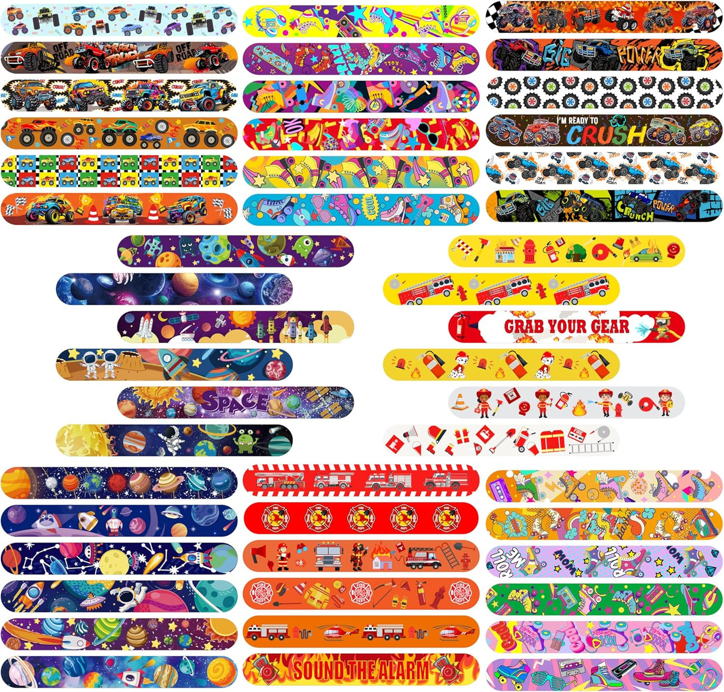 Slap Bracelets Party Favors 48Pcs Slap Bracelets Bulk Party Snap Bracelets Gifts for kids Butterflies,Space multi-themed School Classroom Prizes Exchange (B:Space,Trucks,Fire trucks,Roller skates)