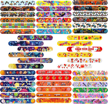 Slap Bracelets Party Favors 48Pcs Slap Bracelets Bulk Party Snap Bracelets Gifts for kids Butterflies,Space multi-themed School Classroom Prizes Exchange (B:Space,Trucks,Fire trucks,Roller skates)