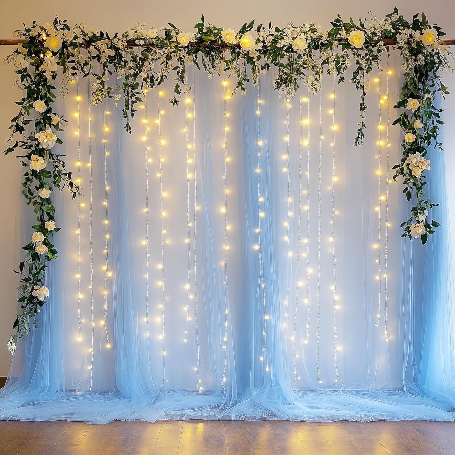 Fomcet Tulle Backdrop Curtains with Lights String White 10FT X 8FT Sheer Curtain with Lights Tulle Curtains Backdrop for Wedding Birthday Party Baby Shower Photo Shoot (2 Panels 5x8FT)