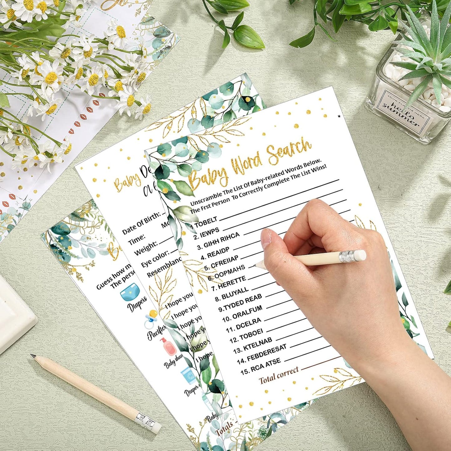 Yinder 145 Pcs Baby Shower Games Activities Cards with 20 Pencils Includes Baby Bingo Description and Wishes Guess Who Price is Right Word Scramble Game(Here Comes the Son)