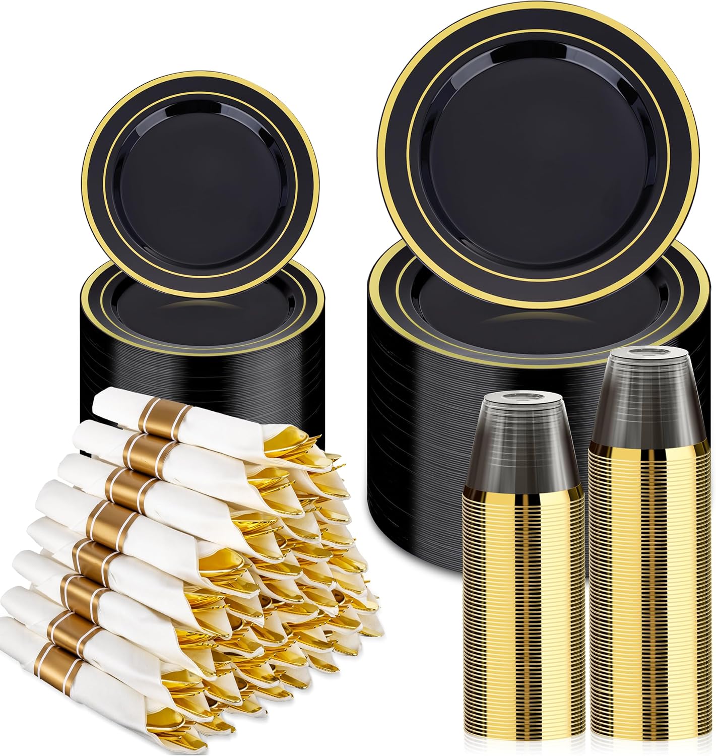BESTVIP 350PCS Gold Plastic Dinnerware Set, Disposable Party Plates for 50 Guests, Include: 100 Plastic Plates, 50 Pre Rolled Napkins with Gold Silverware, 50 Cups