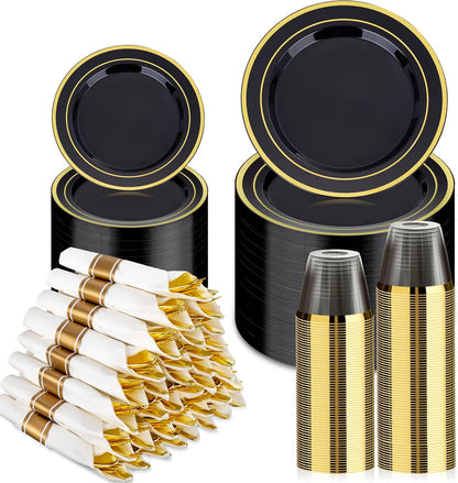 BESTVIP 350PCS Gold Plastic Dinnerware Set, Disposable Party Plates for 50 Guests, Include: 100 Plastic Plates, 50 Pre Rolled Napkins with Gold Silverware, 50 Cups