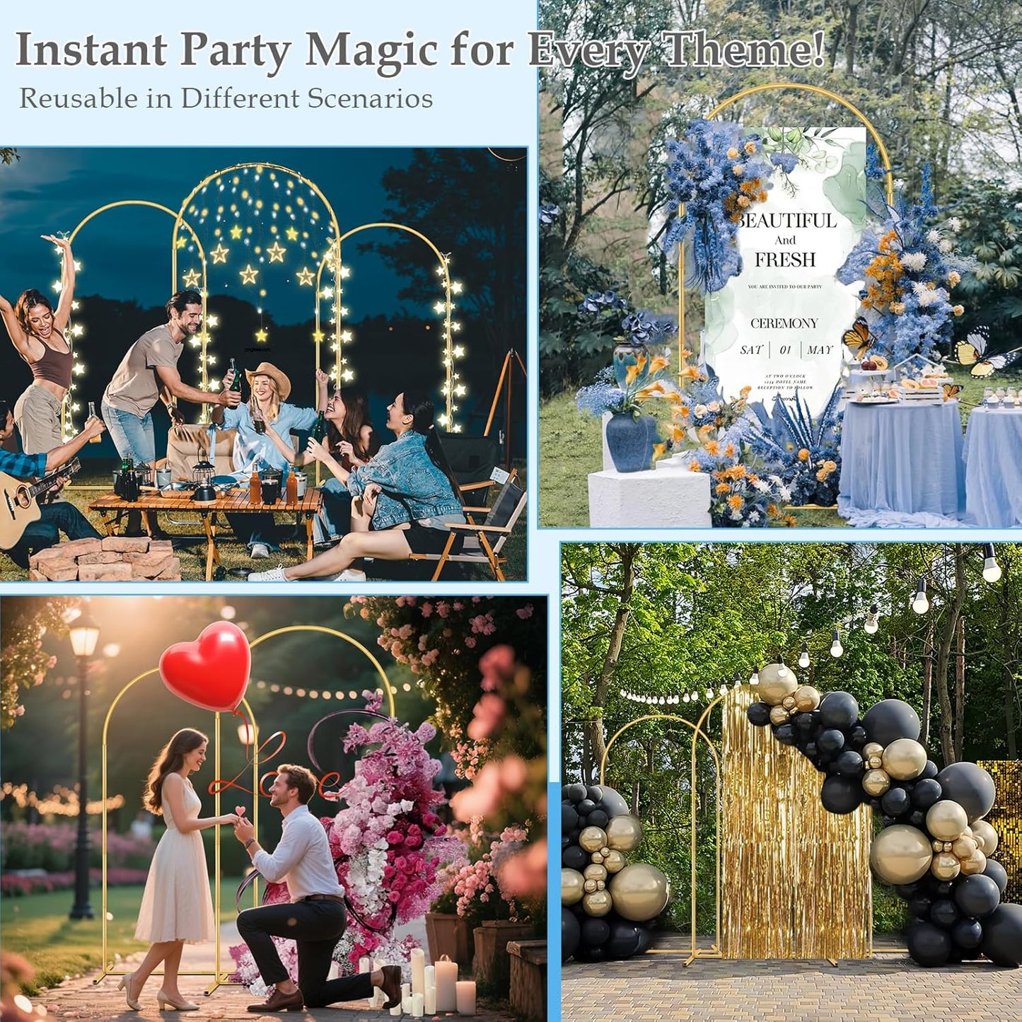 Wedding Arch Backdrop Stand, 6FT, 5FT, 4FT Set of 3 Metal Gold Balloon Arch kit Stand for Ceremony Baby Shower Birthday Bridal Party Event Background Decoration, Garden Climbing Plant Fram