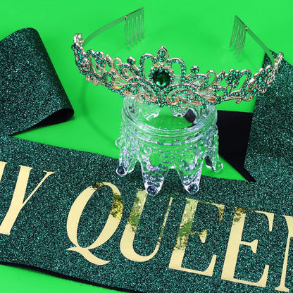COCIDE Birthday Queen Sash & Rhinestone Tiara Set Gold Happy Birthday Crowns for Women Party Decoration Kit Rhinestone Headband for Women Glitter Crystal Hair Accessories for Cake Topper