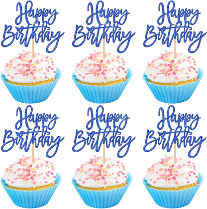 24 PCS Happy Birthday Cupcake Toppers Glitter Picks for Celebrating Anniversary Theme Party Cake Decorations Supplies Gold
