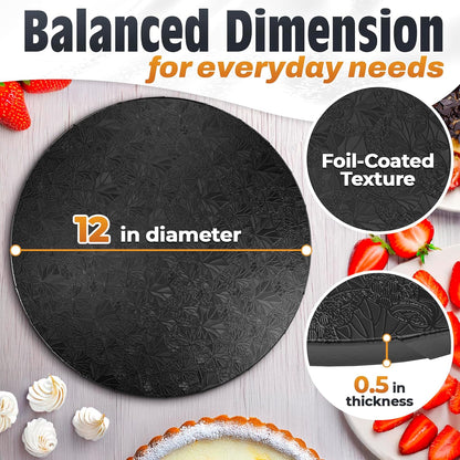 12 Inch Cake Drum, Black Cake Board for Picture-Ready Celebration Cakes, 1/2 Inch Thick Round Cardboard Base with Grease & Moisture Resistant Surface and Decorative Pattern for Parties and Weddings