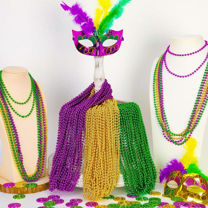EOBOH 144PCS Mardi Gras Beads, Metallic 12 Kinds Bead Necklace Party Supplies, 33" Mardi Gras Necklace Costume Stuff, Festival Parade Throw Accessories for Wedding Birthday Celebrations Decorations