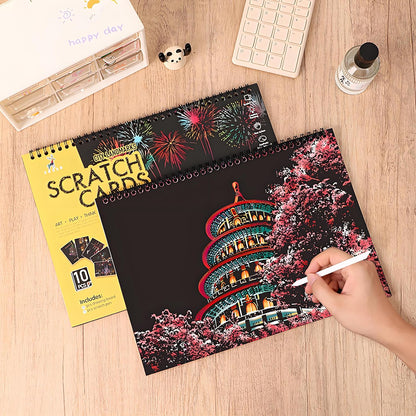 Scratch Art Book(A4-10Page) for Adults & Teens – ASMR Stress-Relieving Scratch Off Art | Paint by Scratch Kit Set | Travel Landmarks & Engraving Art | Creative Gift for Adults (Colorful City Series B)