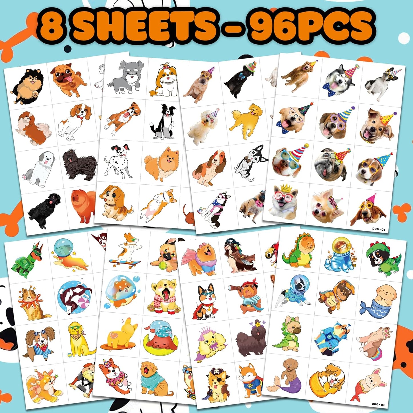 96 PCS Dog Pet Pre-Cut Temporary Tattoos for Kids | Super Cute First Themed Birthday Party Favors, Supplies, Decorations, Animal Fake Tattoo Stickers (Multiple)