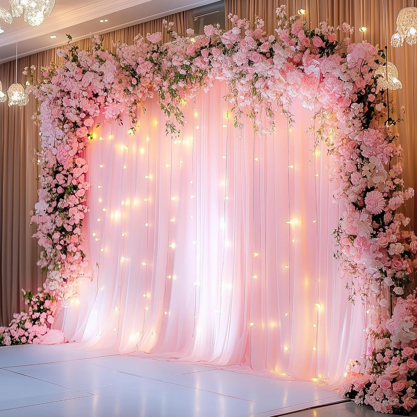 Fomcet Tulle Backdrop Curtains with Lights String White 10FT X 8FT Sheer Curtain with Lights Tulle Curtains Backdrop for Wedding Birthday Party Baby Shower Photo Shoot (2 Panels 5x8FT)