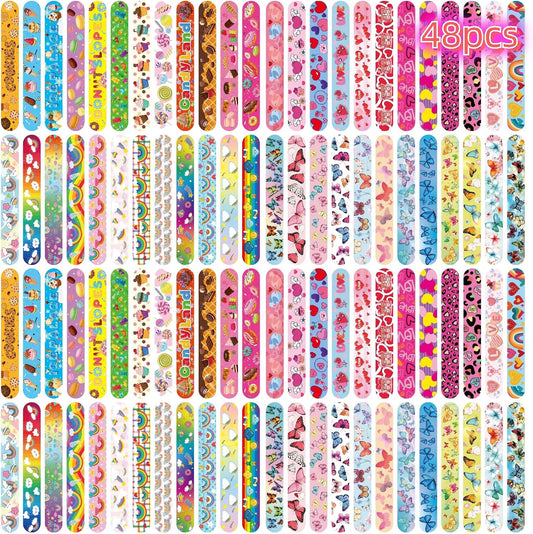 Slap Bracelets Party Favors 48Pcs Slap Bracelets Bulk Party Snap Bracelets Gifts for kids Butterflies,Space multi-themed School Classroom Prizes Exchange (B:Space,Trucks,Fire trucks,Roller skates)