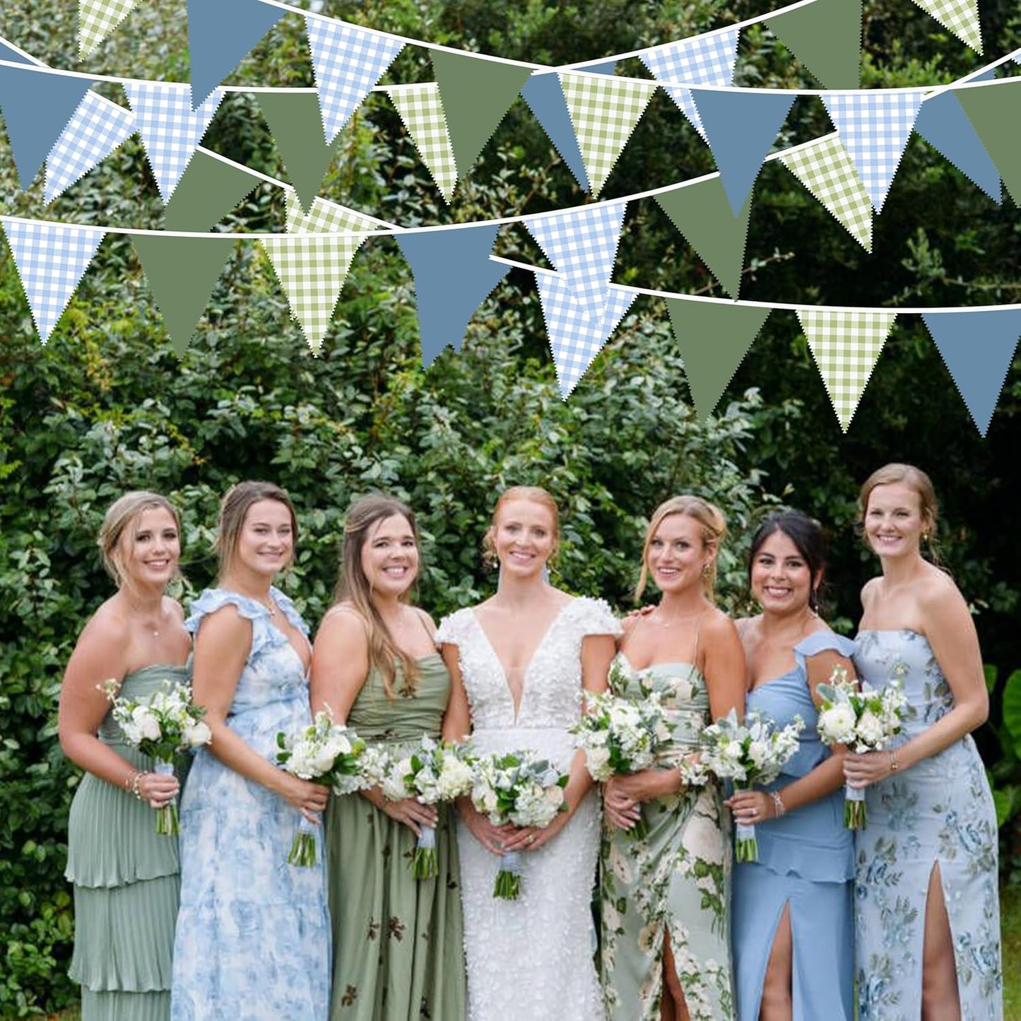 32Ft Dusty Blue Party Decorations Retro Blue Gingham Triangle Banner Flag Pennant Fabric Garland Streamers for Nautical Wedding Birthday Ahoy Achor Bridal Baby Shower Under The Sea Decor Supplies