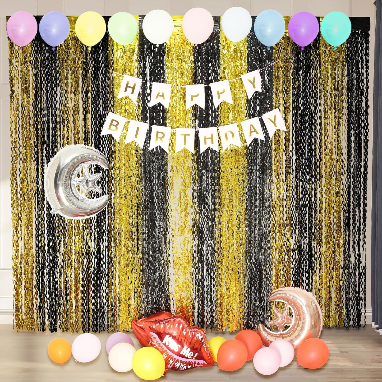 4 Pack Wavy Champagne Gold Metallic Tinsel Foil Fringe Curtains Backdrop - 3.3X6.6ft Foil Fringe Backdrop for Parties | Door Streamers for Birthday | Photo Booth Backdrops Party Decor