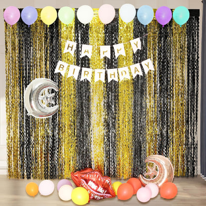 4 Pack Wavy Champagne Gold Metallic Tinsel Foil Fringe Curtains Backdrop - 3.3X6.6ft Foil Fringe Backdrop for Parties | Door Streamers for Birthday | Photo Booth Backdrops Party Decor