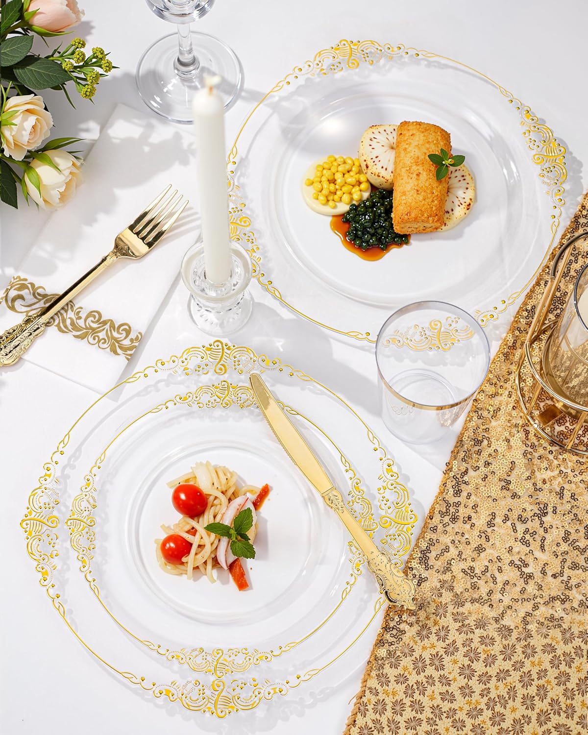 Nervure 350PCS Gold Plastic Plates - Gold Plastic Dinnerware Sets for 50 Guests - 100 Disposable Plates, 150 Silverware, 50 Cups, 50 Napkins for Wedding & Party & Mothers Day