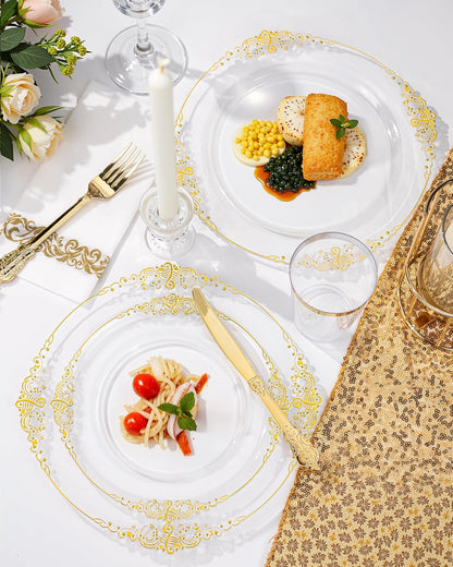 Nervure 350PCS Gold Plastic Plates - Gold Plastic Dinnerware Sets for 50 Guests - 100 Disposable Plates, 150 Silverware, 50 Cups, 50 Napkins for Wedding & Party & Mothers Day
