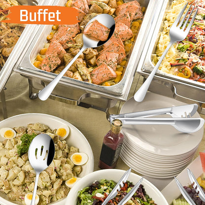 Large Black Serving Utensils Set of 12, E-far Stainless Steel 9.8 Inch Serving Spoons Slotted Spoon, 9.9 Inch Forks, 9.4 Inch Tong for Buffet Catering, Mirror Finish & Dishwasher Safe